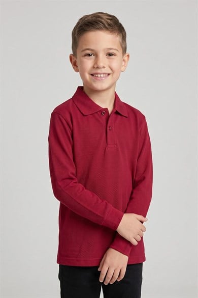Unisex Çocuk Bordo Lakost Polo Yaka Uzun Kollu Okul Tişörtü