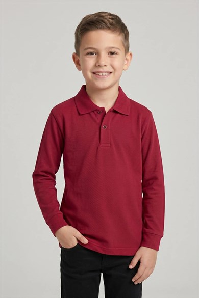 Unisex Çocuk Bordo Lakost Polo Yaka Uzun Kollu Okul Tişörtü