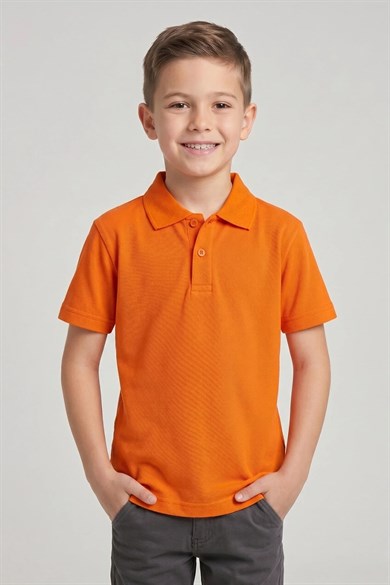 Unisex Çocuk Turuncu Lakost Polo Yaka Kısa Kollu Okul Tişörtü