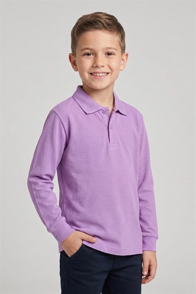 Unisex Çocuk Lila Lakost Polo Yaka Uzun Kollu Okul Tişörtü
