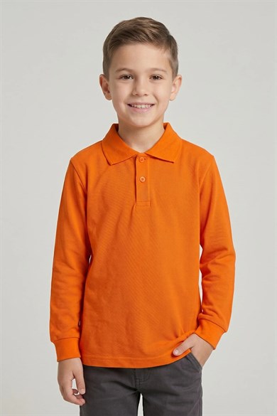 Unisex Çocuk Turuncu Lakost Polo Yaka Uzun Kollu Okul Tişörtü