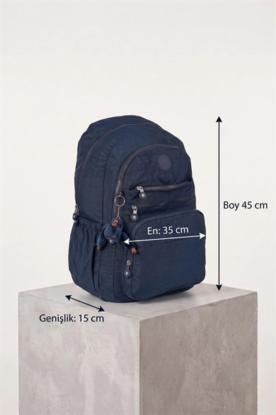 Unisex Genç Lacivert Okul Çantası Maymun Anahtarlıklı Çok Bölmeli Krinkıl Günlük Sırt Çantası