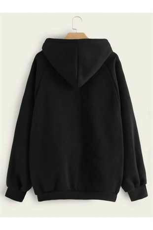 UNISEX KAPÜŞONLU CEPLİ SİYAH BASİC SWEATSHIRT
