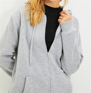 UNISEX KAPÜŞONLU FERMUARLI CEPLİ GRİ BASİC SWEATSHIRT HIRKA
