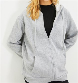 UNISEX KAPÜŞONLU FERMUARLI CEPLİ GRİ BASİC SWEATSHIRT HIRKA