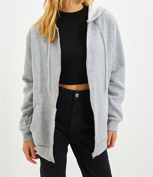 UNISEX KAPÜŞONLU FERMUARLI CEPLİ GRİ BASİC SWEATSHIRT HIRKA