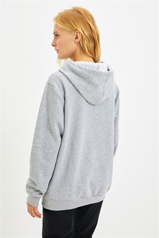 UNISEX KAPÜŞONLU FERMUARLI CEPLİ GRİ BASİC SWEATSHIRT HIRKA