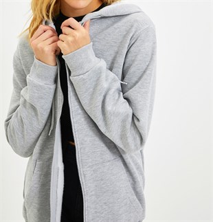 UNISEX KAPÜŞONLU FERMUARLI CEPLİ GRİ BASİC SWEATSHIRT HIRKA