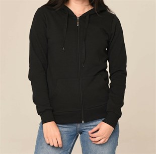 UNISEX KAPÜŞONLU FERMUARLI CEPLİ SİYAH BASİC SWEATSHIRT