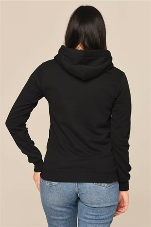 UNISEX KAPÜŞONLU FERMUARLI CEPLİ SİYAH BASİC SWEATSHIRT
