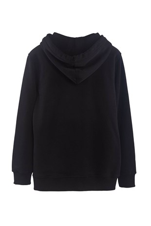 UNISEX KAPÜŞONLU FERMUARLI CEPLİ SİYAH BASİC SWEATSHIRT