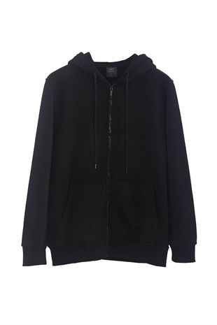 UNISEX KAPÜŞONLU FERMUARLI CEPLİ SİYAH BASİC SWEATSHIRT