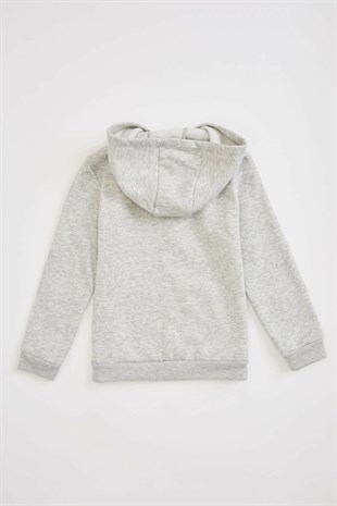 UNISEX KAPÜŞONLU FERMUARLI İKİ İPLİK GRİ SWEATSHIRT HIRKA