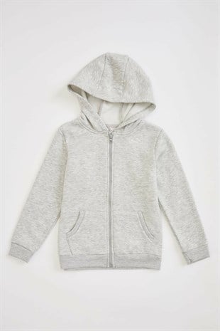 UNISEX KAPÜŞONLU FERMUARLI İKİ İPLİK GRİ SWEATSHIRT HIRKA