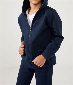 UNISEX KAPÜŞONLU FERMUARLI İKİ İPLİK LACİVERT SWEATSHIRT HIRKA