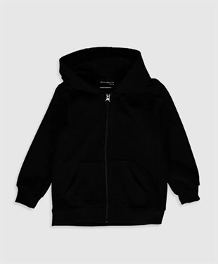 UNISEX KAPÜŞONLU FERMUARLI İKİ İPLİK SİYAH SWEATSHIRT HIRKA