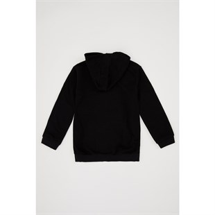 UNISEX KAPÜŞONLU FERMUARLI İKİ İPLİK SİYAH SWEATSHIRT HIRKA