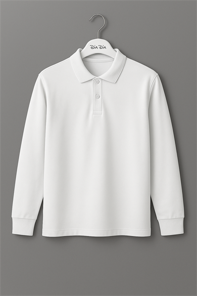 Unisex Polo Yaka Uzun Kol Beyaz Lakost Tişört
