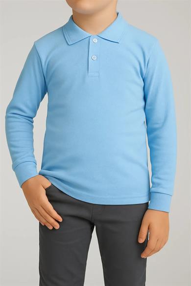 Uzun Kollu Polo Yaka Açık Mavi Penye