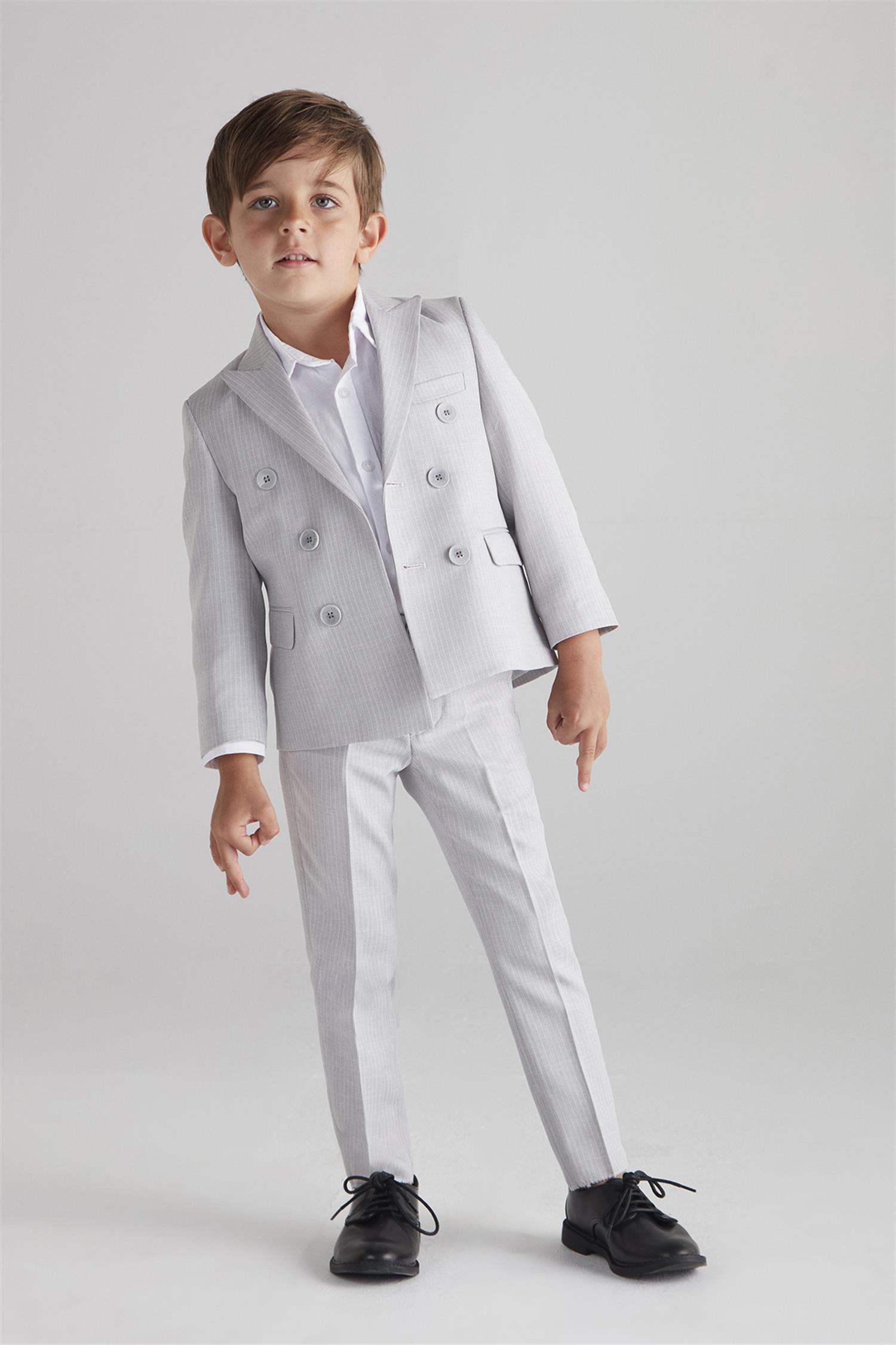 hoQuspoQus Erkek Çocuk Kruvaze Çizgili Takım Elbise (Gri) - Üçlü Takım  (Pantolon,Gömlek,Ceket)