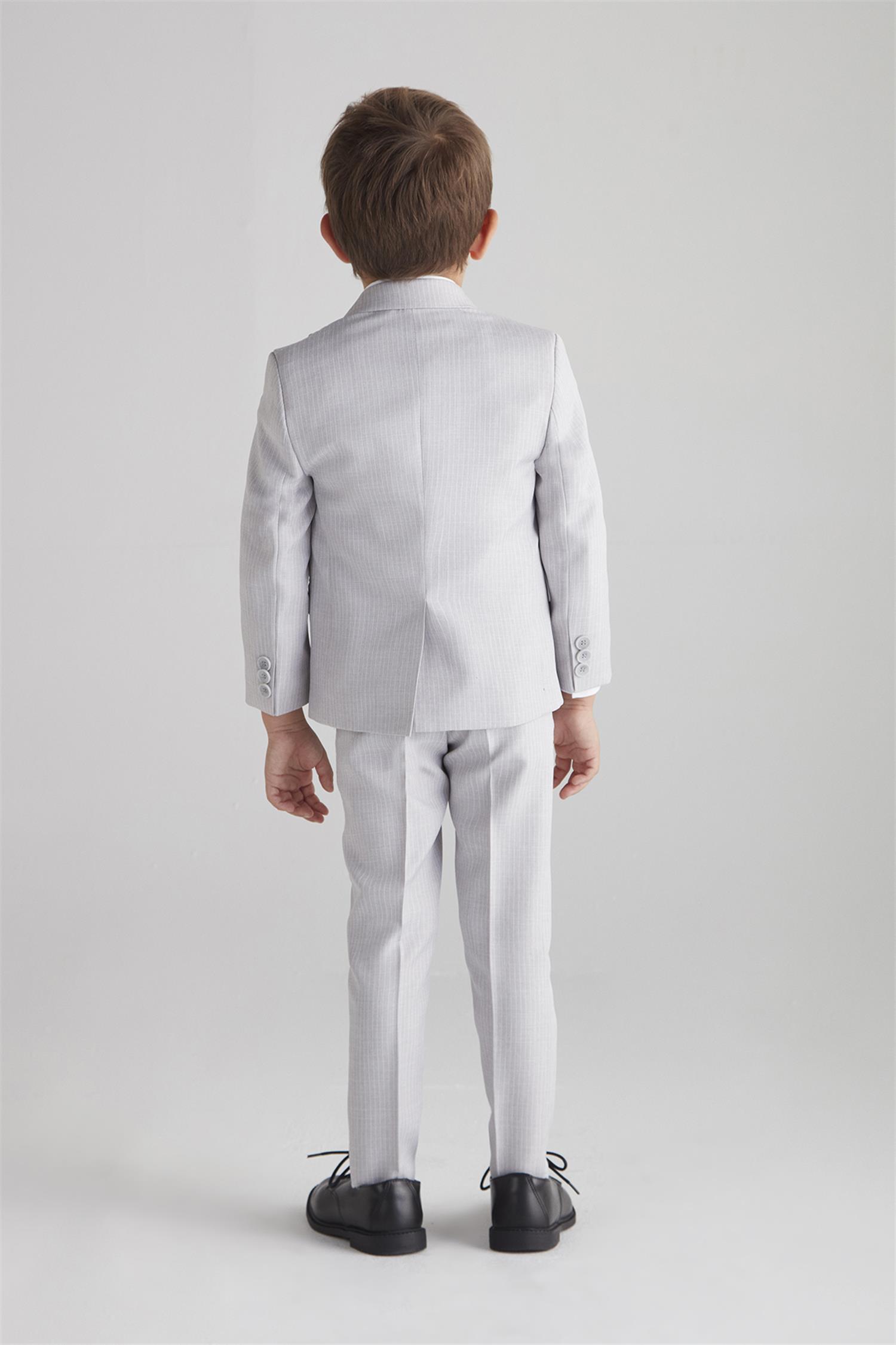 hoQuspoQus Erkek Çocuk Kruvaze Çizgili Takım Elbise (Gri) - Üçlü Takım  (Pantolon,Gömlek,Ceket)