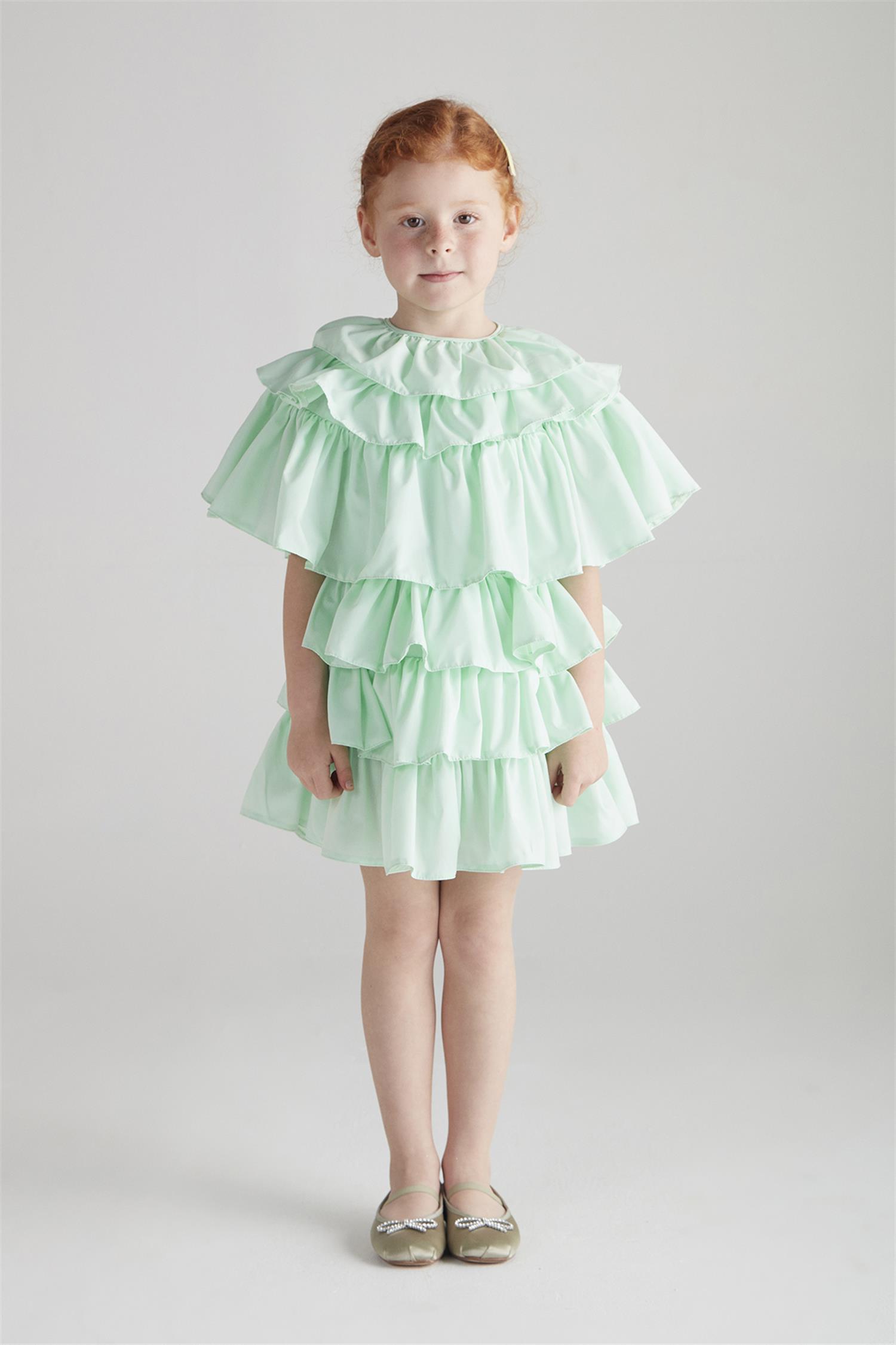 hoQuspoQus Kız Çocuk Fırfırlı Elbise - Su Yeşili