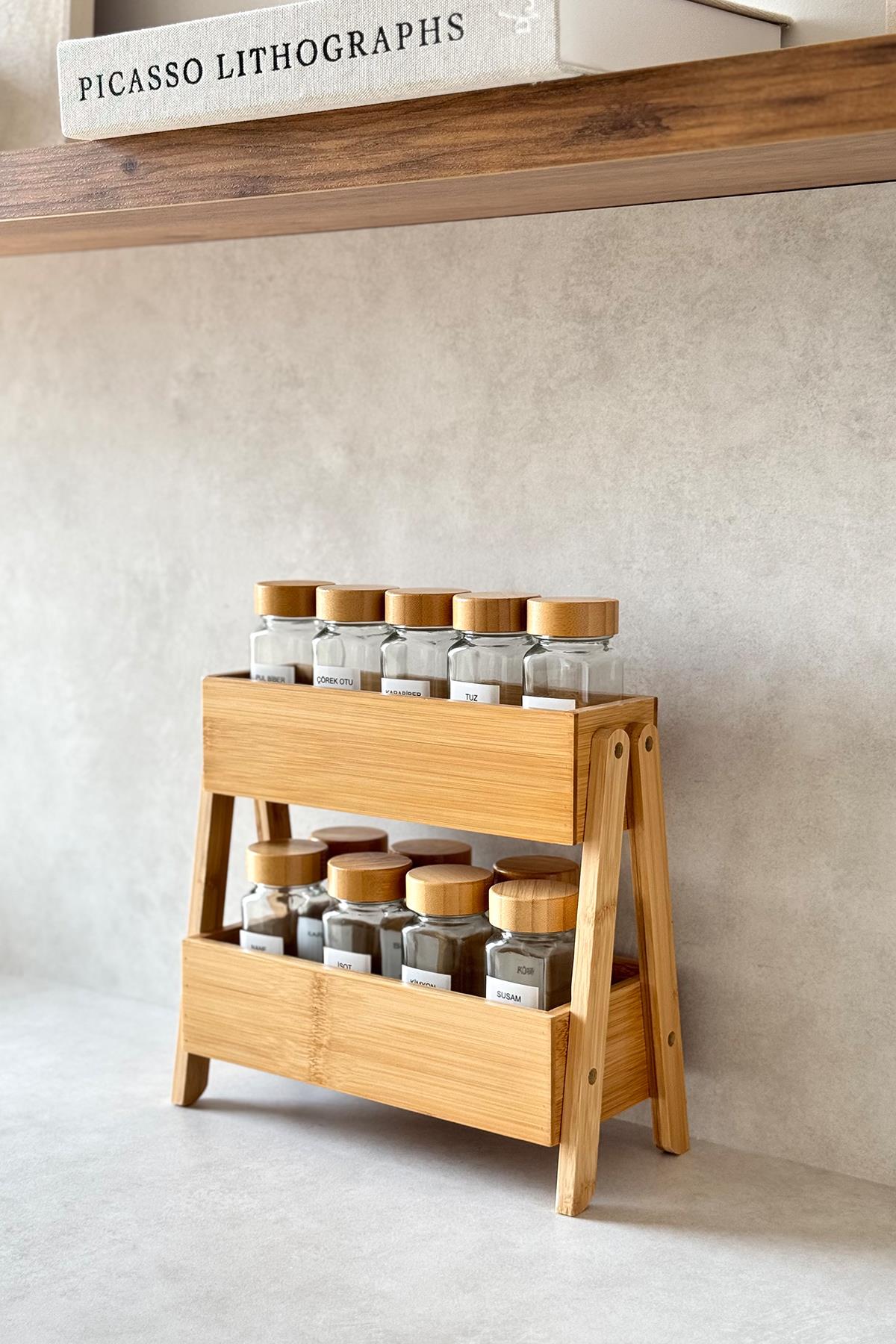 12'li Bambu Kapaklı Kare Kavanoz ve Çift Katlı Bambu Stand Seti