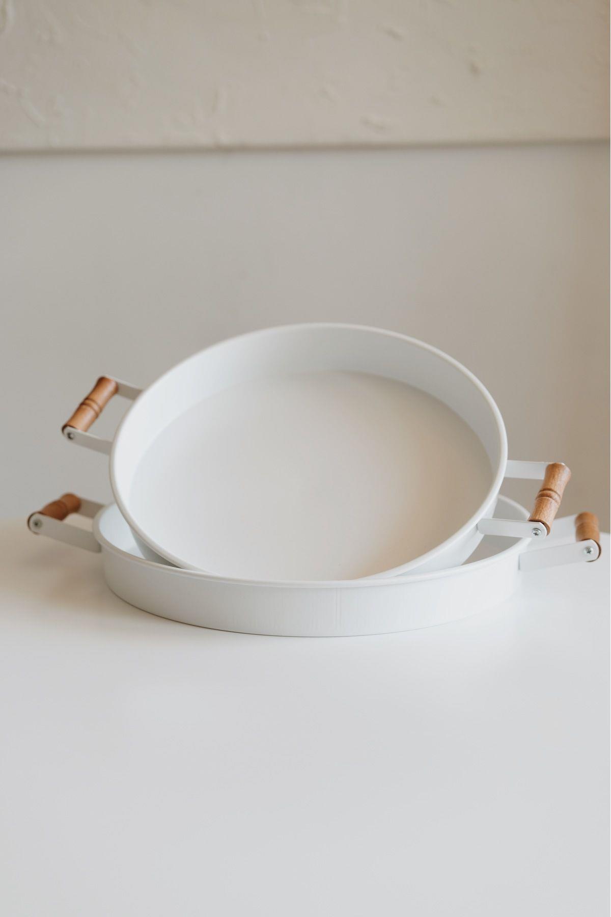 2li Galvaniz Beyaz Ahşap Kulplu Tepsi (37cm+32cm)