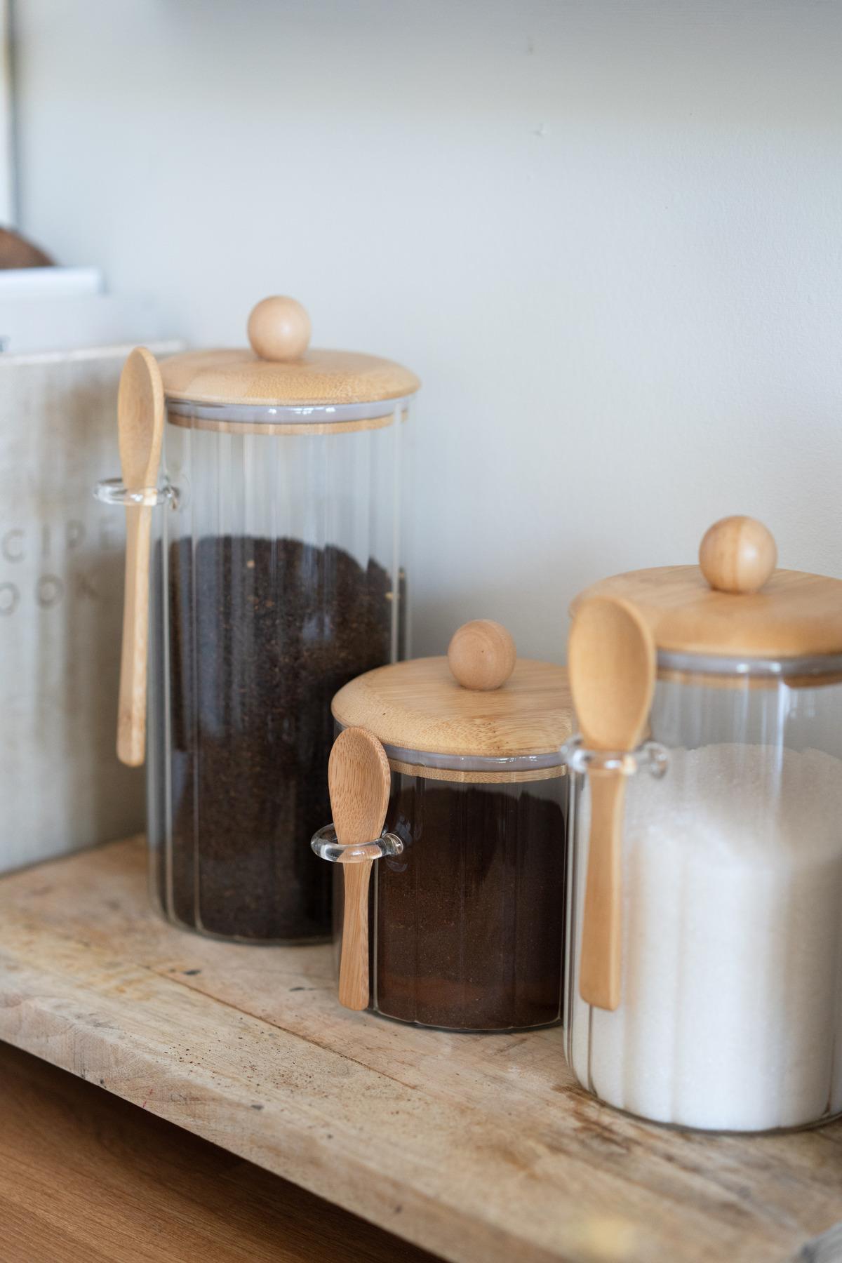 3lü Bambu Kapaklı Çizgili Cam Kaşıklı Kavanoz Seti (650/1000/1350ml)