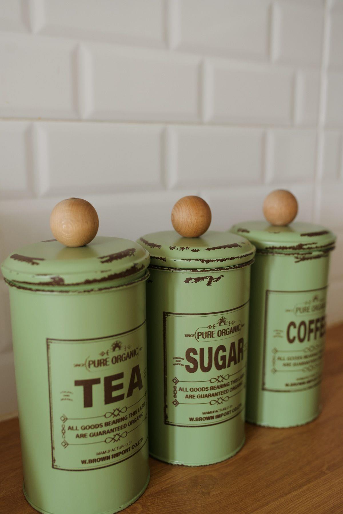 3lü Galvaniz Yeşil-Kahverengi Vintage Çay- Kahve - Şeker Kavanoz Seti (Tea-Sugar-Coffee)