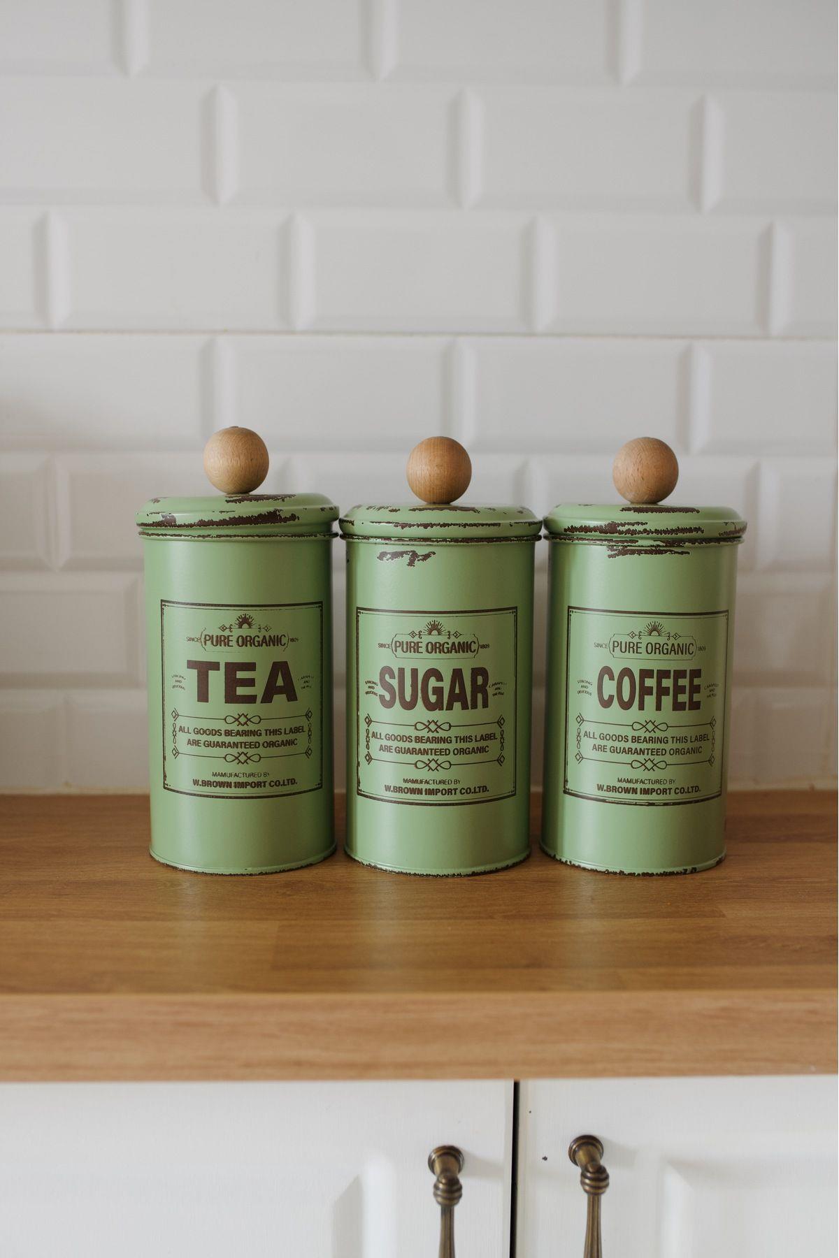 3'lü Galvaniz Yeşil-Kahverengi Vintage Çay- Kahve - Şeker Kavanoz Seti (Tea-Sugar-Coffee)