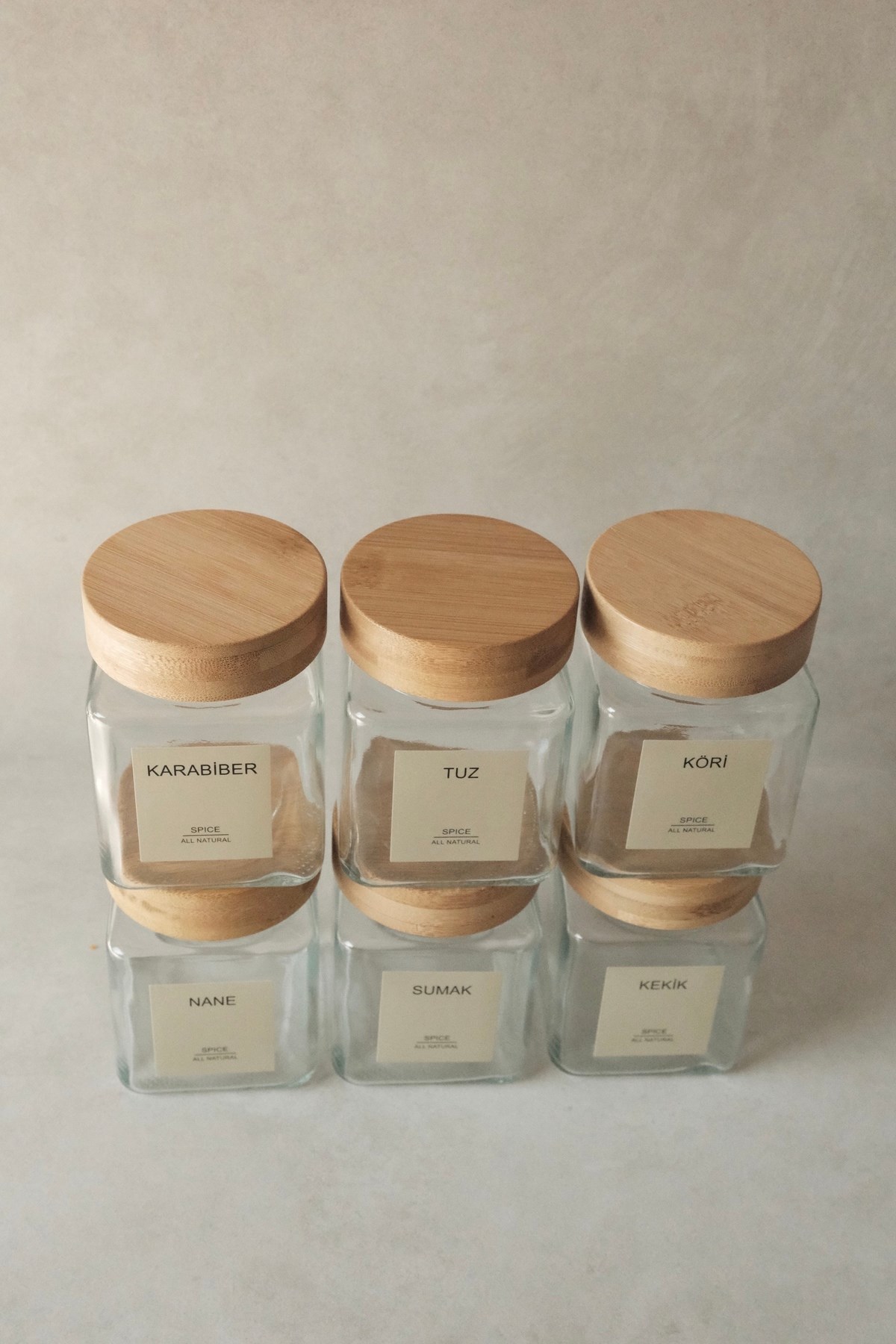 6lı Bambu Kapaklı Kare Cam Baharatlık Seti 300 ml
