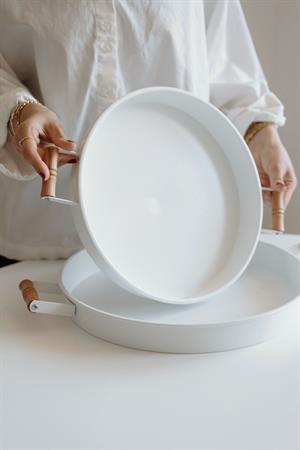 2li Galvaniz Beyaz Ahşap Kulplu Tepsi (37cm+32cm)