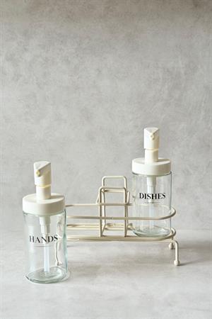 2li Krem Standlı Cam Sabunluk Seti (300 ml)