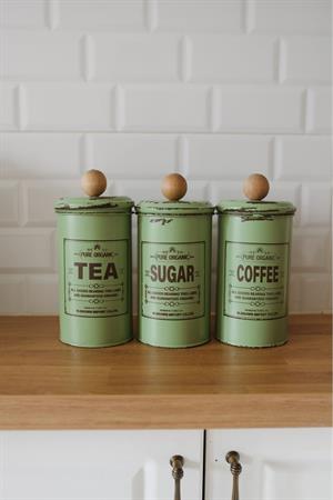 3lü Galvaniz Yeşil-Kahverengi Vintage Çay- Kahve - Şeker Kavanoz Seti (Tea-Sugar-Coffee)