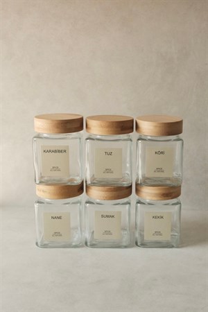 6lı Bambu Kapaklı Kare Cam Baharatlık Seti 300 ml