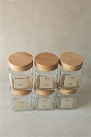 6lı Bambu Kapaklı Kare Cam Baharatlık Seti 300 ml