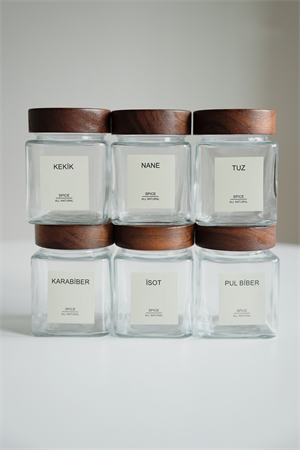6lı Kare Akasya Kapaklı Cam Kavanoz Seti 300 ml- (25 Adet Krem Etiket)