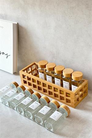 Bambu Standlı ve 12li Bambu Kapaklı Kare Baharatlık Seti