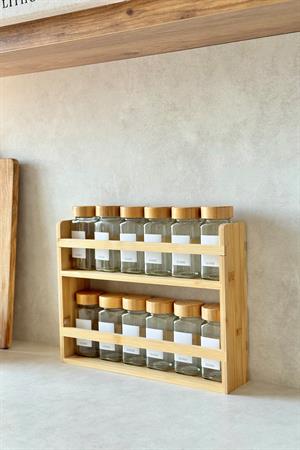 Bambu Standlı ve Bambu Kapaklı 12li Kare Baharatlık Seti (25 adet etiket)