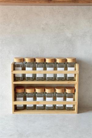 Bambu Standlı ve Bambu Kapaklı 12li Kare Baharatlık Seti (25 adet etiket)