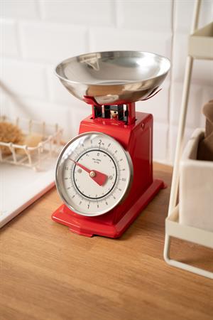 Retro Analog Mutfak Terazisi Kırmızı Gövde, Gümüş Kase