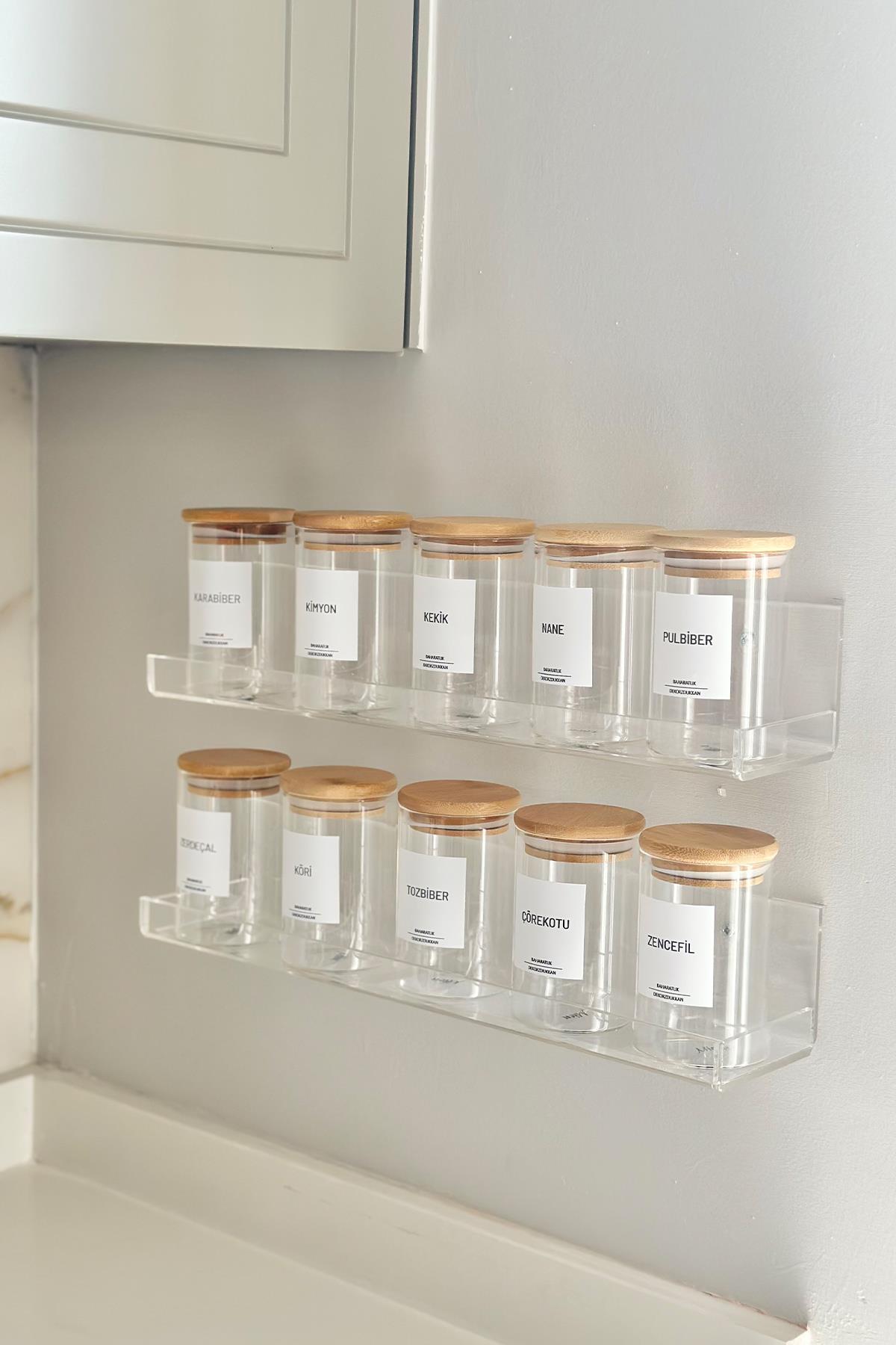 10'lu Standlı Bambu Vakum Kapaklı Baharatlık Seti (10 adet kaşık + 25 adet etiket dahil)