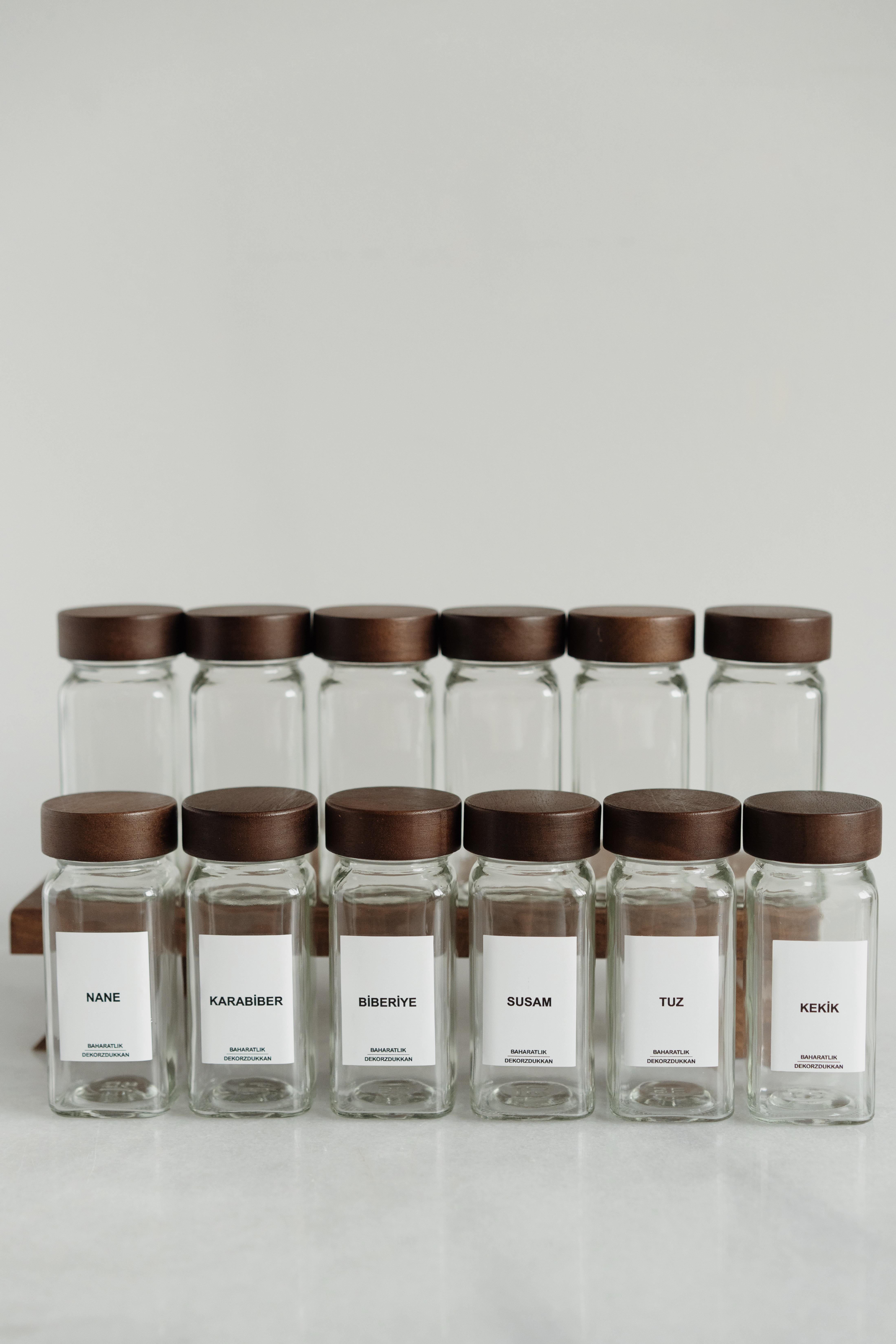 12'li Akasya Kapaklı Baharatlık Seti (25 adet etiket)