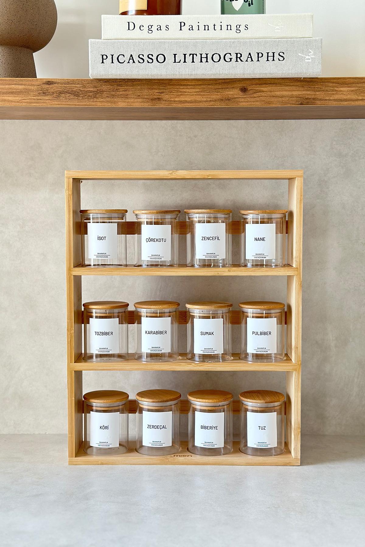 12'li Bambu Vakum Kapaklı Baharatlık ve Tezgah Üstü Bambu Stand (25 adet etiket) + 12 adet kaşık