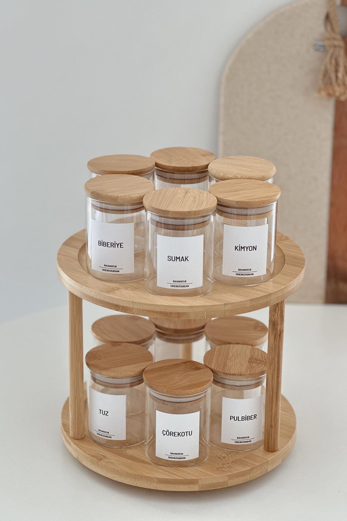 12'li Yuvarlak Döner Standlı Bambu KapaklıBaharatlık Seti (25adet etiket)