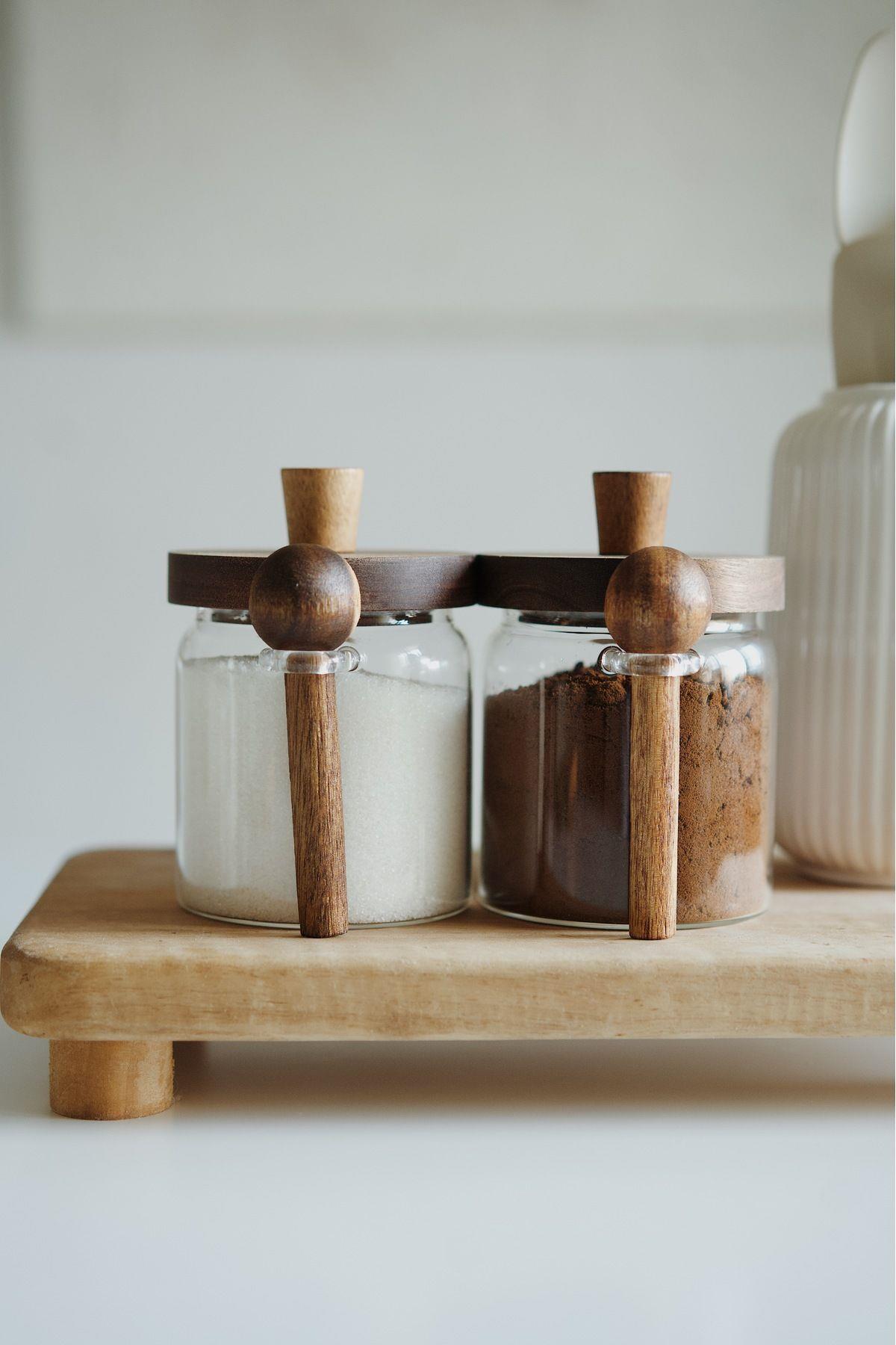 2'li Akasya Kapaklı ve Kaşıklı Borosilikat Cam Kavanoz (450+450ml)