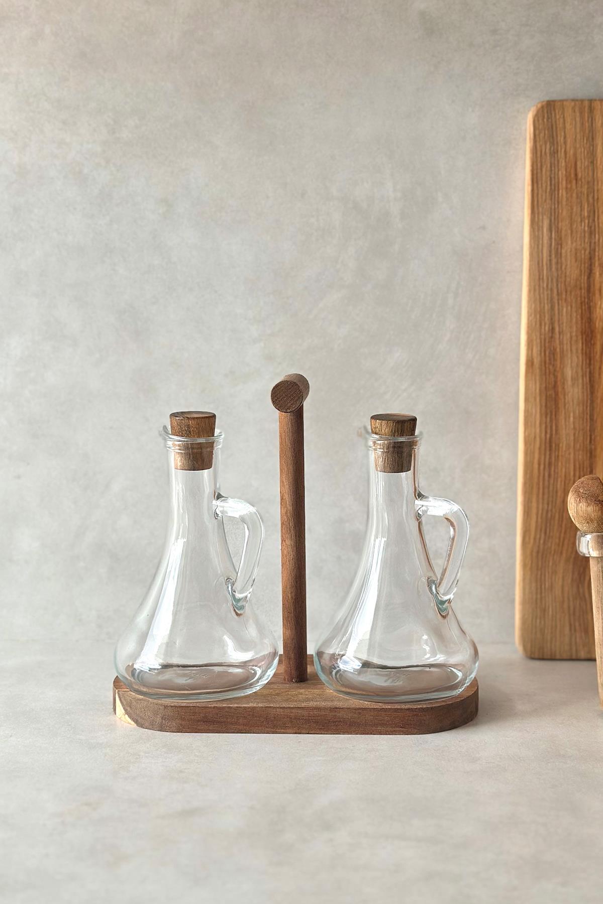 2'li Akasya Standlı Akasya Kapaklı Yağdanlık Sosluk Seti(Kalın Cam)