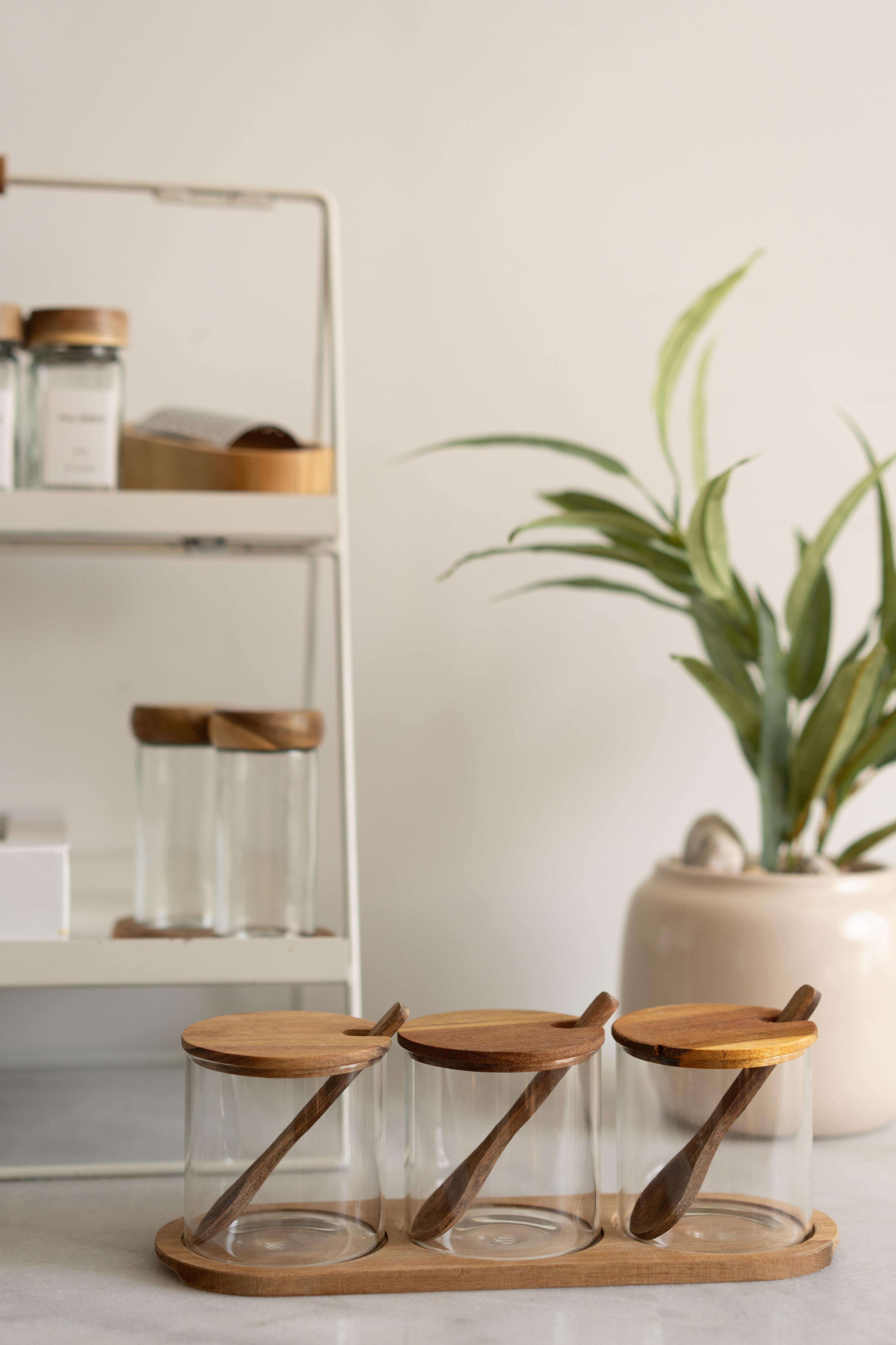 3'lü Akasya Kapaklı Kaşıklı Kavanoz Seti