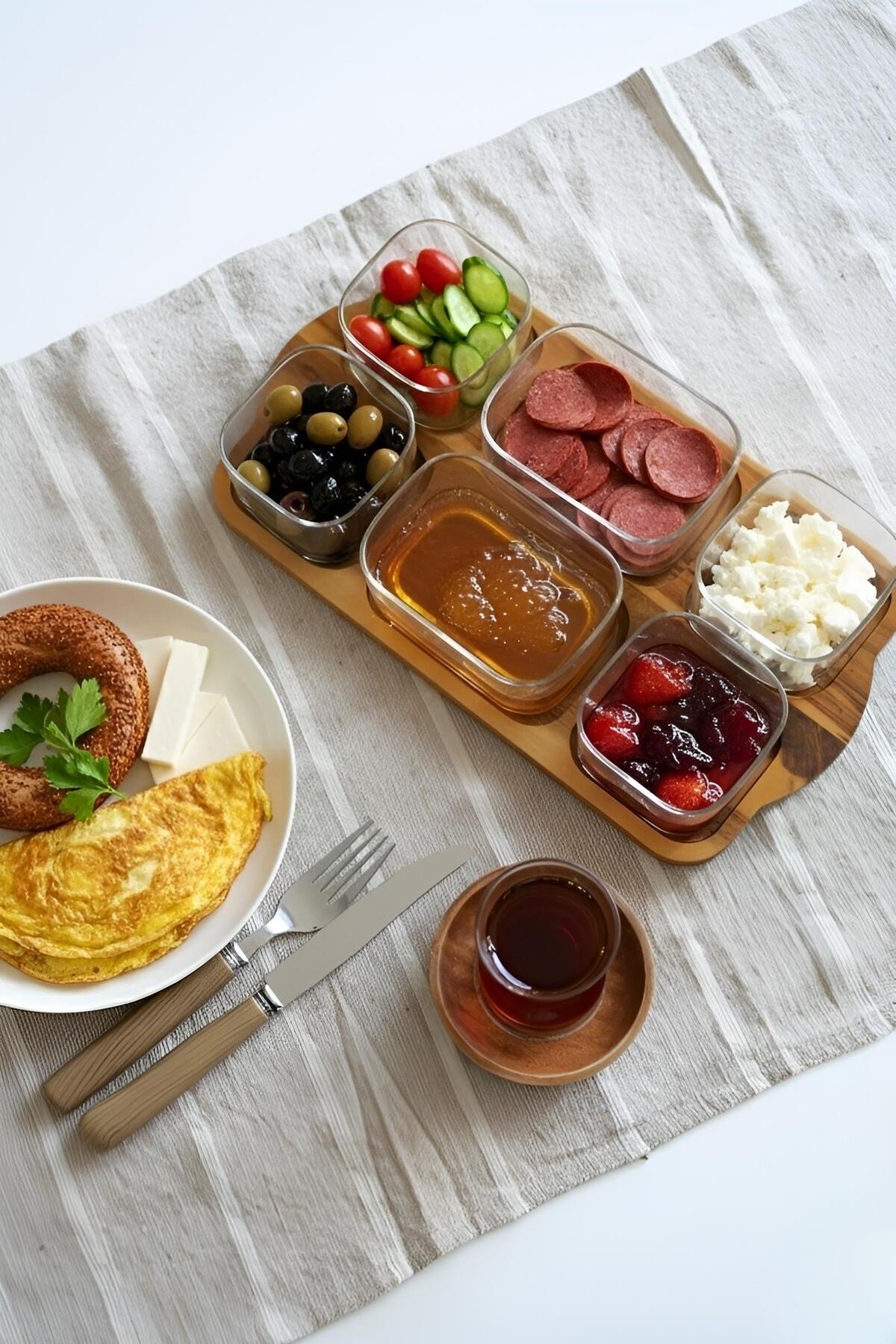 6'lı Akasya Standlı Kare/Dikdörtgen Cam Kahvaltılık (akasya vakum kapak)